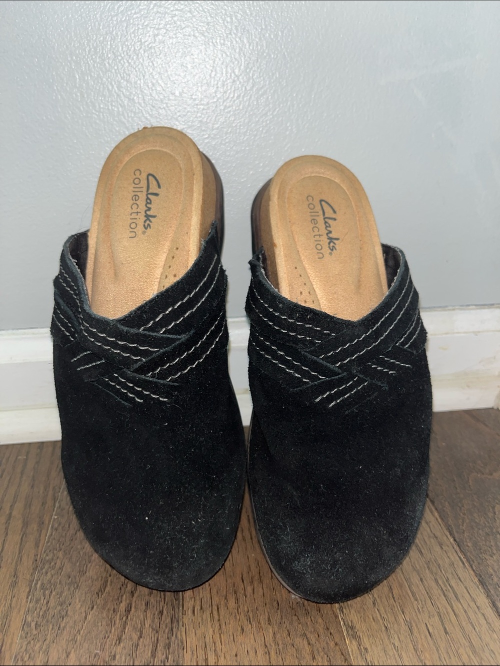 Clarks Black Suede Slip-On Mules with Contrasting Stitch